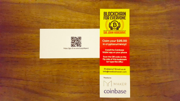 Blockchain for Everyone bookmark with QR code.